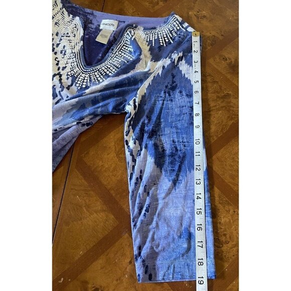 Chico’s Blue White Multi Ikat Aztec Prints Beaded Sequins Tunic Top Sz 1 M 8 - Picture 5 of 8
